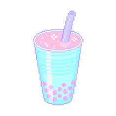 a pixelated glass with a straw in it and pink liquid inside, on a white background