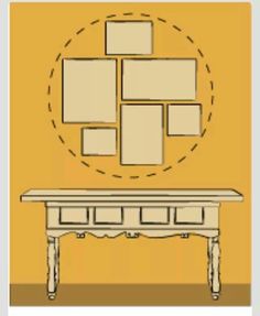 a drawing of a table with several pictures on it and a circle around the table