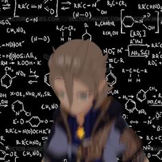 an animated character standing in front of a blackboard with chemical formulas on it