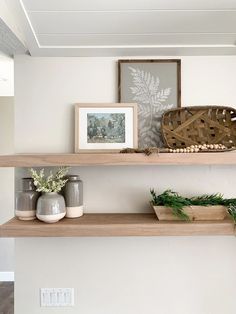 two wooden shelves with plants and pictures on them