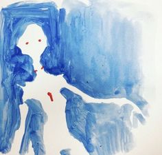 an abstract painting with blue and red paint on white paper, depicting a woman looking at herself in the mirror