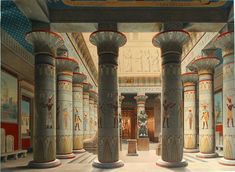 an egyptian style room with columns and paintings on the walls