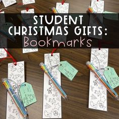 student christmas gifts bookmarks on a table with pencils and crayon markers