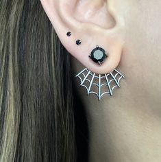 Edgy Front and back Spider web earring are made of 316L Stainless steel. Stud is set with black CZ. Can be worn without back part, just as simple stud. Size of the stud 7.1mm Spider web length 22m x25mm wide Sold as 1 pair Ships in a gift box Spider Web Jacket, Spider Web Jewelry, Spider Web Earrings, Unique Web Design, Web Spider, Spider Jewelry, Spider Earrings, Customer Gifts, Front Back Earrings