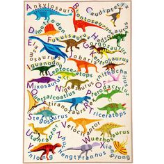 a rug with dinosaurs on it and words written in different languages, including thesauruss