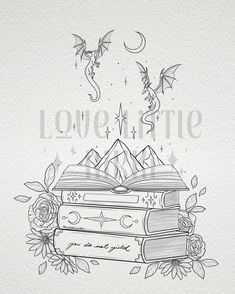 an image of a book with two dragon flying over it and the word love written on top