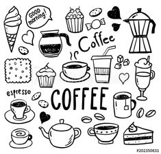 hand drawn coffee and desserts set on white background stock photo - 957982