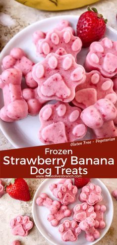 frozen strawberry banana dog treats on a white plate