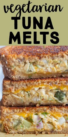 two grilled sandwiches stacked on top of each other with the words vegetarian tuna melts