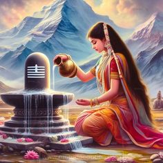 a painting of a woman pouring water from a pot into a fountain with mountains in the background