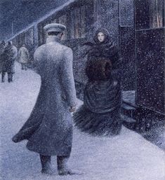 a painting of a woman standing in the snow next to a train at a station