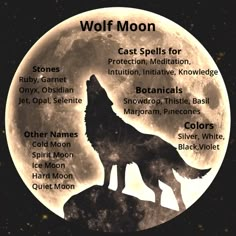 an image of wolf moon in the night sky with words below it that spell out its name