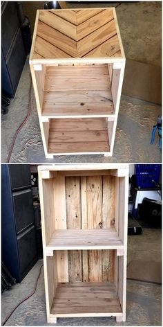 two shelves made out of pallet wood, one is empty and the other is closed