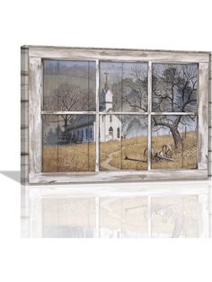 an old window with a painting of a farm scene on the outside and trees in the front