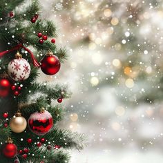 a christmas tree with ornaments hanging from it's branches and snow falling on the ground