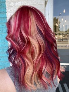 Peppermint Hair Color, Blonde And Magenta Hair, Red Multicolor Hair, Pink Calico Hair, Red And Blonde Hair Color Highlights, Blonde With Red Peekaboo, Red Streaks In Blonde Hair, Dark Red Hair With Blonde Peekaboos, Maroon And Pink Hair