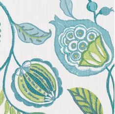 a blue and green wallpaper with leaves and flowers on white background, closeup