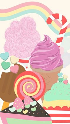 an illustration of a cupcake, candy and lollipops