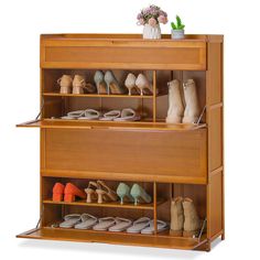 a wooden shoe rack filled with lots of shoes