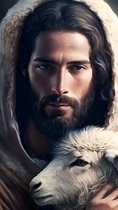 a painting of jesus holding a lamb with his face close to the camera and looking into the distance