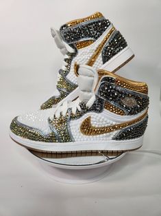 Blinged Out Jordans, Sneaker Ball Attire, Rhinestone Sneakers, Jordan 1 Mids, Cute Casual Shoes, Mix And Match Outfits, Nike Shoes Women Fashion, Casual Shoes Women Sneakers, Bedazzled Shoes