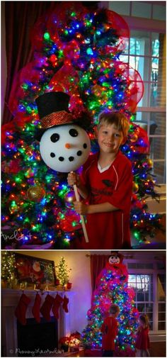 a child holding a snowman in front of a christmas tree with lights on it