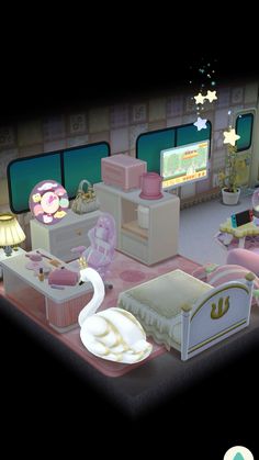 an animated bedroom is shown with pink furniture and accessories on the floor, as well as a swan bed