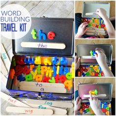 the word building travel kit is filled with letters