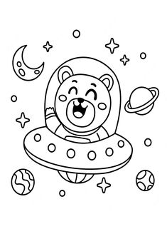 a teddy bear in an alien ship with stars and planets