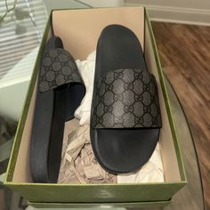 Worn Twice! Men Gucci Flip Flops, My Husbands Feet Are Too Slim! Brand New Basically! Beautiful Shoe Black Gucci Slides With Rubber Sole, Gucci Black Slides With Cushioned Footbed, Gucci Black Leather Slides, Black Leather Gucci Slides, Gucci Black Flat Slides, Black Casual Gucci Slides, Casual Black Gucci Slides, Gucci Flip Flops, Twin Flame Love