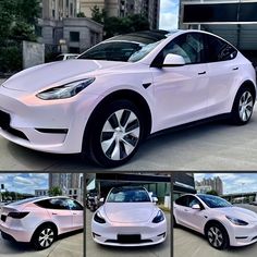 three different views of a white electric car