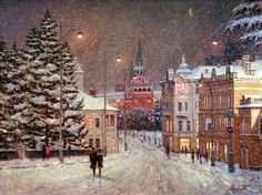 a painting of people walking down a snow covered street in the city at night time