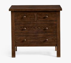 a wooden dresser with three drawers and two pulls on the top drawer, against a white background