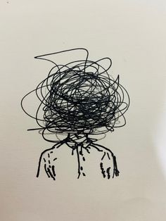 a black and white drawing of a person's head with tangled hair on it