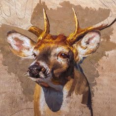 an oil painting of a deer's head with gold antlers on its face