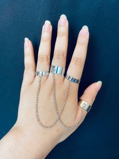 Two of the connected rings are bigger than the other two rings. All adjustable. Emo Jewelry, Silver Cuff Ring, Grunge Jewelry, Edgy Jewelry, Ring Bracelet Chain, Cuff Rings, Finger Rings, Hand Jewelry, Girly Jewelry