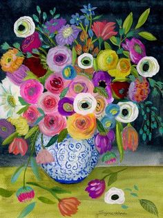 a painting of colorful flowers in a blue and white vase