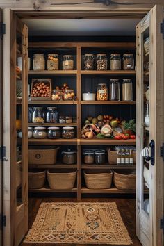 an open pantry filled with lots of food and storage containers on wooden shelving units