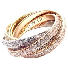 18k Tri-Color Gold Pave Diamond Two For Trinity Six Band Ring by Cartier. With 744 Round Brilliant cut diamonds VVS1 clarity, F-H color total weight approx. 2.67ct Retail Price: $55,000 plus tax This ring comes with Cartier box and Cartier service paper from NYC Cartier store. Details: Size: European 53 US 6.25 Weight: 9.2 grams Width: Each band is 3.5mm; Ring is 8mm Stamped Hallmarks: Cartier 750 53 51663 *Free Shipping within the United States* Your Price: $37,000 T1818mleed Cartier Diamond, Trinity Ring, Cartier Jewelry, Three Color, Round Brilliant Cut Diamond, Tri Color, Pave Diamonds, Round Brilliant, Band Ring