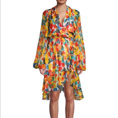 Flowing Silk Dress In Colorful Watercolor Print. Surplice Neckline. Long Blouson Sleeves. Back Neck Hook-And-Eye Closure. Elasticized Waist. New Without Tags Shift Dress Pattern, Tier Dress, Caroline Constas, Silk Chiffon Dress, Tiered Ruffle Dress, Midi Slip Dress, Colorful Watercolor, Ruffle Sleeve Dress, Surplice Neckline