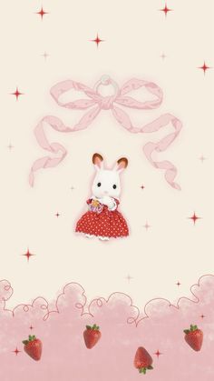 a rabbit is sitting on top of a pink background with strawberries and ribbon around it