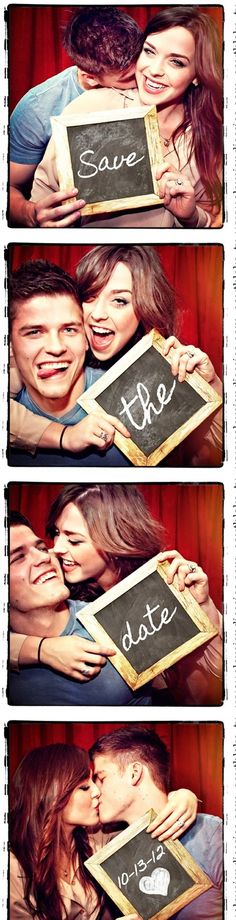 two people kissing each other while holding up a chalkboard with the words save the date written on it