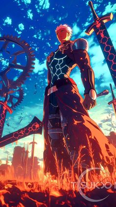 an anime character standing in the middle of a field with two giant gears behind him