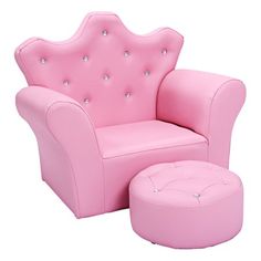 a pink children's chair and footstool with an ottoman in the middle