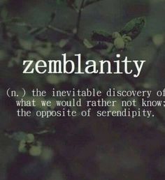 the words zemblanity are written in white on a black background with green leaves