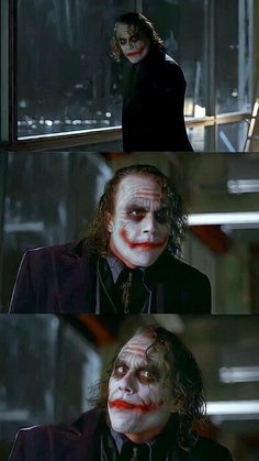 the dark knight movie scene is shown in two different frames, one with his face painted red