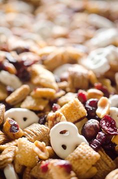 a close up view of some cereal and nuts