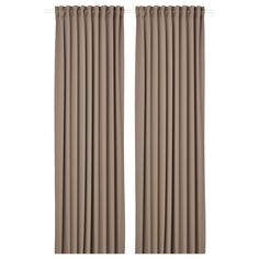 two beige curtains with pleated edges on the top and bottom, one is closed