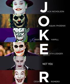 the joker movie poster is shown in four different colors and font, as well as an image