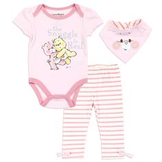 Baby girls' 3-piece set features Cheer Bear and Tenderheart Bear with silver glitter lettering "The Snuggle is Real". Bodysuit is tagless for comfort and has bottom snaps for easy diaper changes. Pants are elastic waist with coordinating stripes and bows at the ankles. Bib is a bandana-style with snap closure. The Snuggle Is Real, Baby Binky, Doll Nursery, Girls Pjs, Bear Girl, Bookmarks Kids, Bear Outfits, Story Games